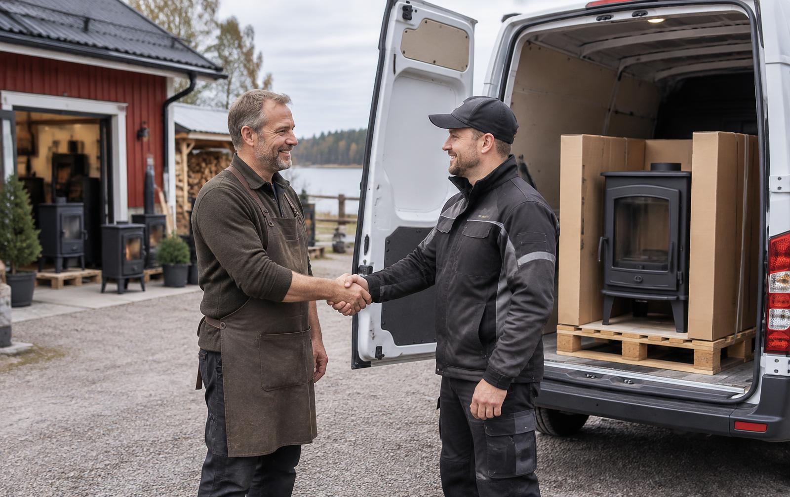 Två företagare tar i hand vid en leveransbil lastad med en kamin på pall